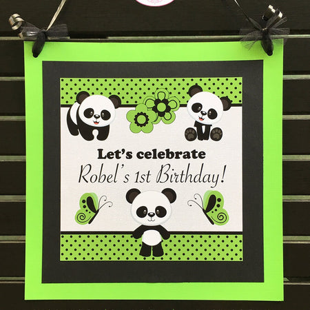 Panda Bear Birthday Party Door Banner Green Boy Girl Polka Dot Black White Butterfly Zoo Jungle Forest Boogie Bear Invitations Robel Theme