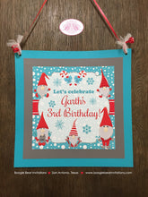 Load image into Gallery viewer, Winter Gnomes Birthday Party Door Banner Girl Boy Red Blue Snowing Christmas Snowflake Snow Dryad Dwarf Boogie Bear Invitations Garth Theme