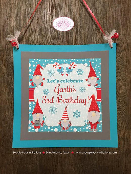 Winter Gnomes Birthday Party Door Banner Girl Boy Red Blue Snowing Christmas Snowflake Snow Dryad Dwarf Boogie Bear Invitations Garth Theme