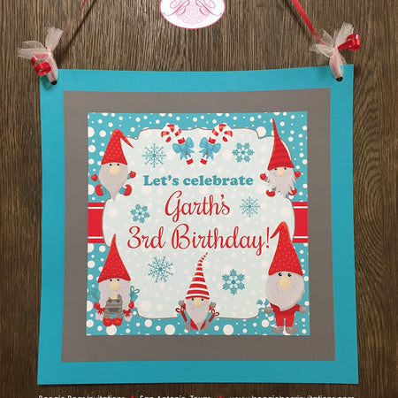 Winter Gnomes Birthday Party Door Banner Girl Boy Red Blue Snowing Christmas Snowflake Snow Dryad Dwarf Boogie Bear Invitations Garth Theme