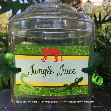 Rain Forest Party Beverage Card Wrap Drink Label Sign Birthday Girl Boy Amazon Jungle Reptile Wild Zoo Boogie Bear Invitations Mowgli Theme