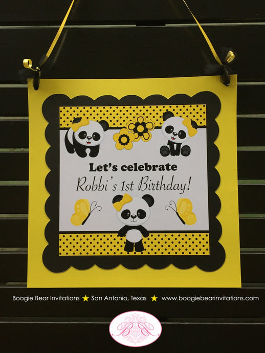 Panda Bear Birthday Party Door Banner Happy Girl Yellow Black Tropical Jungle Zoo Wild Bamboo Polka Dot Boogie Bear Invitations Robbi Theme