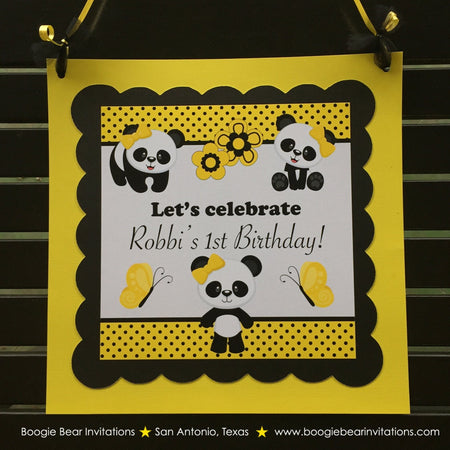 Panda Bear Birthday Party Door Banner Happy Girl Yellow Black Tropical Jungle Zoo Wild Bamboo Polka Dot Boogie Bear Invitations Robbi Theme