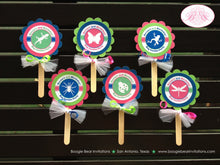 Load image into Gallery viewer, Pink Bug Birthday Party Cupcake Toppers Girl Boy Frog Lady Green Blue Butterfly Dragonfly Ladybug Lizard Boogie Bear Invitations Haven Theme