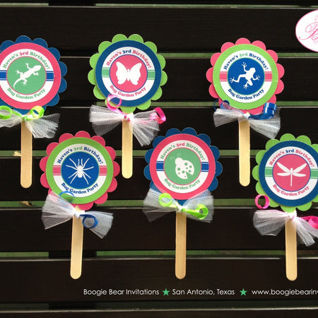 Pink Bug Birthday Party Cupcake Toppers Girl Boy Frog Lady Green Blue Butterfly Dragonfly Ladybug Lizard Boogie Bear Invitations Haven Theme
