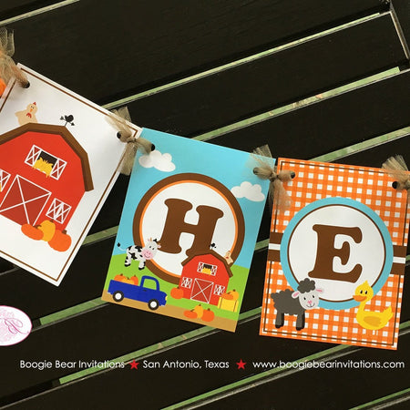 Fall Farm Animals Birthday Party Banner Name Pumpkin Boy Barn Truck Red Blue Orange Autumn Petting Zoo Boogie Bear Invitations Hewitt Theme