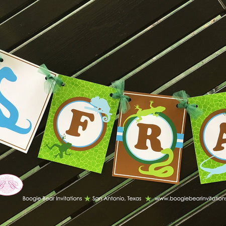 Reptile Birthday Party Name Banner Rain Forest Snake Gecko Blue Amazon Tropical Rain Forest Wild Zoo Boogie Bear Invitations Francois Theme