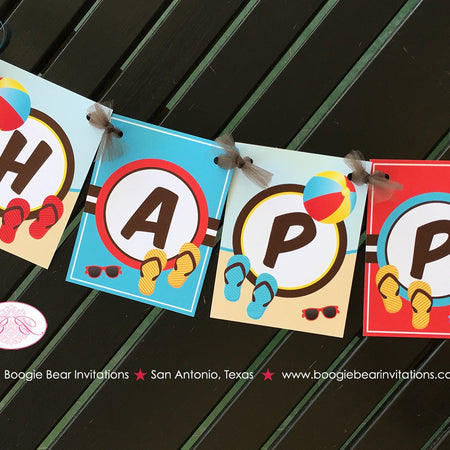 Swimming Pool Happy Birthday Banner Party Ball Flip Flop Boy Girl Splash Bash Retro Swim Red Blue Boogie Bear Invitations Dorian Theme