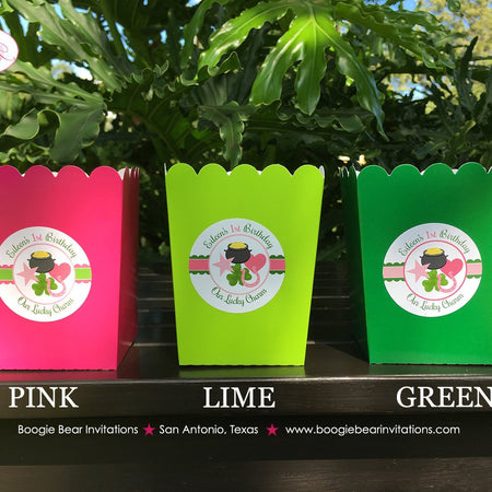Lucky Charm Popcorn Boxes Mini Food Buffet Birthday Party Pink Green Shamrock St. Patricks Day Clover Boogie Bear Invitations Eileen Theme