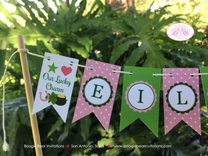 Lucky Charm Party Pennant Cake Banner Topper Pink Green Girl Polka Dot Green St. Patrick's Day Shamrock Boogie Bear Invitations Eileen Theme