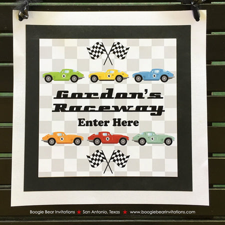 Race Car Birthday Party Door Banner Driver Red Black Blue Green Girl Boy Checkered Flag Coupe Fastback Boogie Bear Invitations Gordon Theme