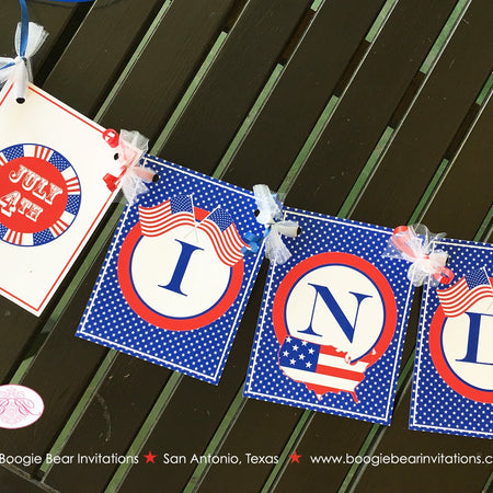 4th of July Independence Day Party Banner Red White Blue Flag Stars Stripes USA United States Map 1st Boogie Bear Invitations Hamilton Theme