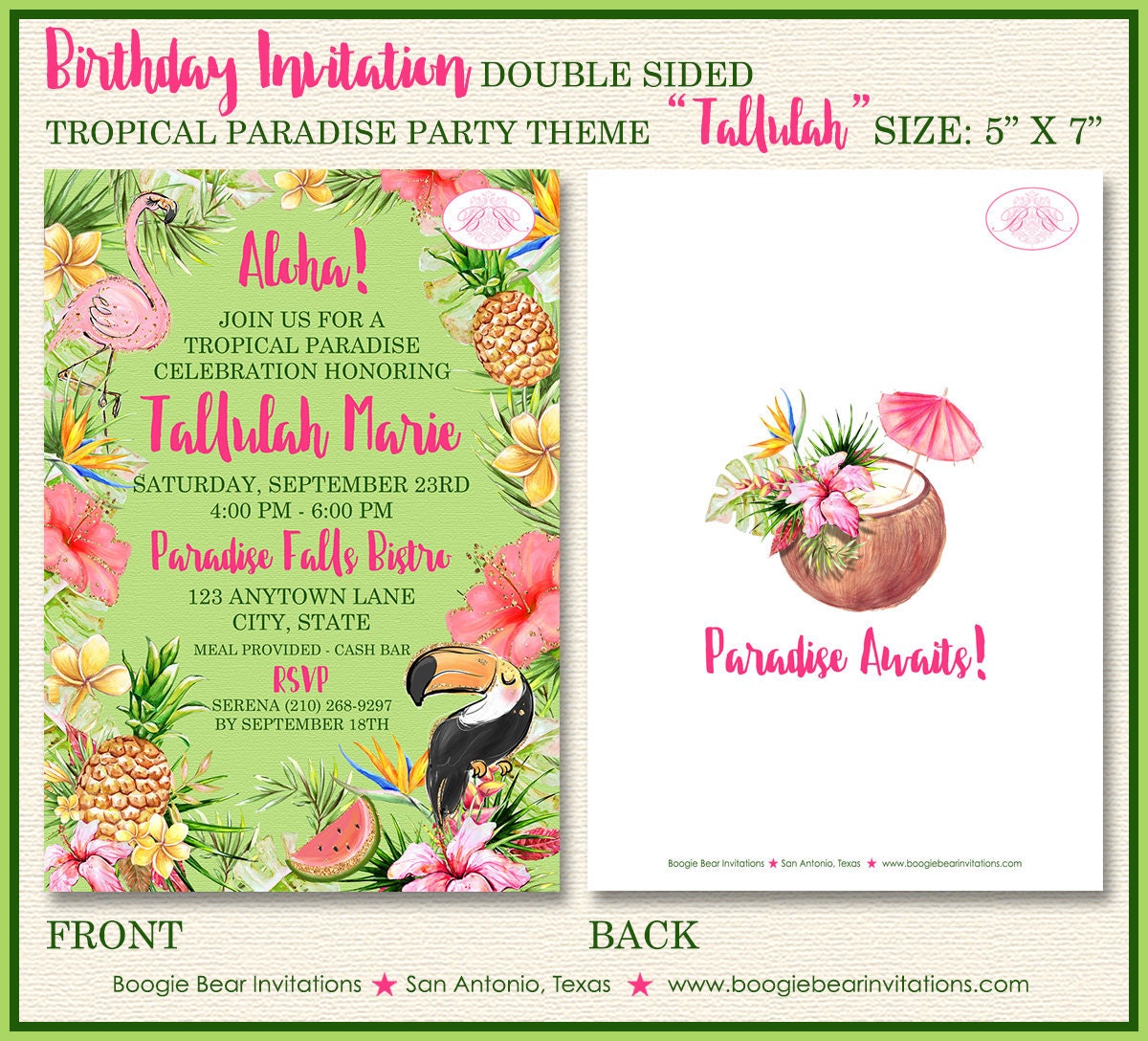 Tropical Paradise Birthday Party Invitation Pink Gold Green Jungle Wild Boogie Bear Invitations Tallulah Theme Paperless Printable Printed