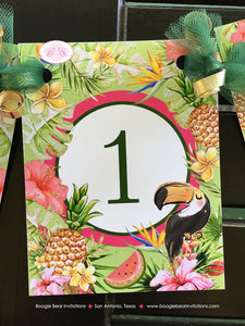 Tropical Paradise I am 1 Highchair Banner Birthday Party Flamingo Toucan Pink Gold Green 1st 2nd 11th Boogie Bear Invitations Tallulah Theme