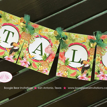 Tropical Paradise Birthday Banner Small Birthday Party Flamingo Toucan Pink Gold Green 1st 2nd 11th Boogie Bear Invitations Tallulah Theme