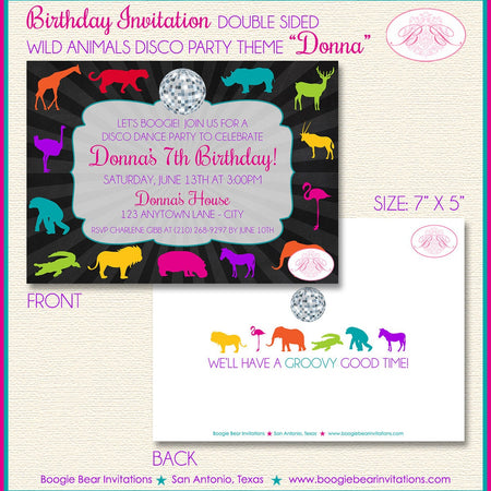 Disco Wild Animals Party Invitation Birthday Dance Girl Boy Zoo Exotic Retro Boogie Bear Invitations Donna Theme Paperless Printable Printed