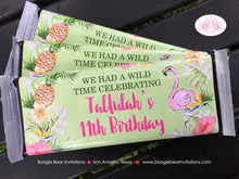 Load image into Gallery viewer, Tropical Paradise Birthday Party Candy Bar Wraps Wrappers Sticker Flamingo Pineapple Pink Gold Green Boogie Bear Invitations Tallulah Theme
