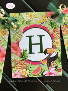 Tropical Paradise Happy Birthday Banner Flamingo Toucan Pineapple Party Pink Gold Green Girl Aloha Boogie Bear Invitations Tallulah Theme