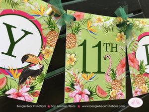 Tropical Paradise Happy Birthday Banner Flamingo Toucan Pineapple Party Pink Gold Green Girl Aloha Boogie Bear Invitations Tallulah Theme