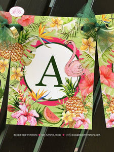 Tropical Paradise Happy Birthday Banner Flamingo Toucan Pineapple Party Pink Gold Green Girl Aloha Boogie Bear Invitations Tallulah Theme