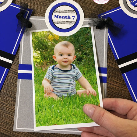 Dirt Bike Photo Timeline Banner Happy 1st Birthday Blue Black Grey Gray Silver White Helmet Racing Race Boogie Bear Invitations Austin Theme