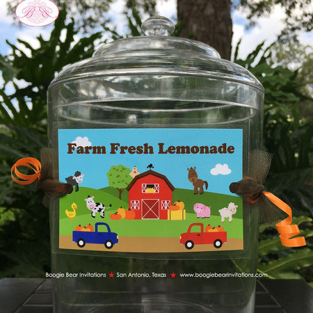 Fall Farm Animals Party Beverage Card Wrap Drink Label Sign Pumpkin Red Barn Truck Petting Zoo Autumn Boogie Bear Invitations Hewitt Theme