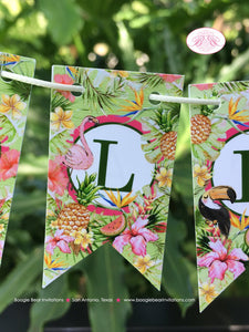 Tropical Paradise Party Pennant Cake Banner Topper Birthday Girl Flamingo Toucan Pineapple Pink Green Boogie Bear Invitations Tallulah Theme