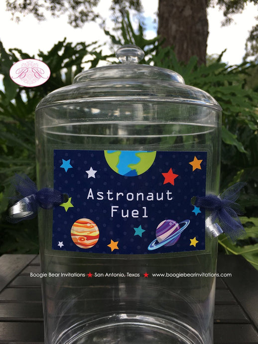 Outer Space Party Beverage Card Birthday Drink Label Sign Wrap Planets Solar System Galaxy Boy Girl Boogie Bear Invitations Galileo Theme