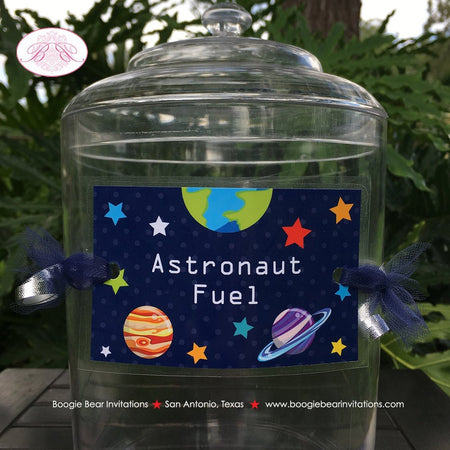 Outer Space Party Beverage Card Birthday Drink Label Sign Wrap Planets Solar System Galaxy Boy Girl Boogie Bear Invitations Galileo Theme