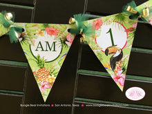 Load image into Gallery viewer, Tropical Paradise Pennant I am 1 Banner Birthday Party Highchair Flamingo Toucan Pink Gold Green 1st Boogie Bear Invitations Tallulah Theme