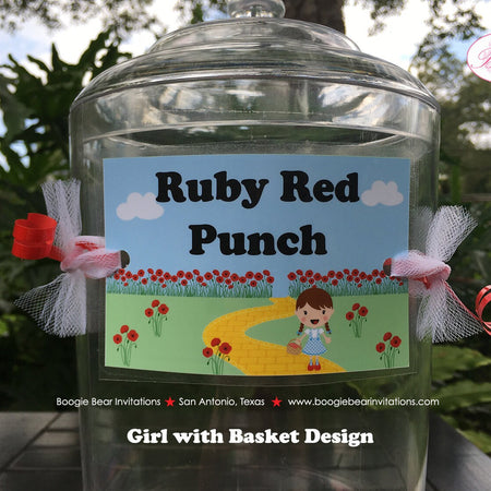 Wizard of Oz Party Beverage Card Wrap Birthday Drink Label Girl Red Dorothy Yellow Brick Road Poppies Boogie Bear Invitations Ruby Theme
