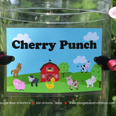 Farm Animals Party Beverage Card Wrap Drink Label Sign Birthday Red Barn Country Petting Zoo Boy Girl Boogie Bear Invitations Peyton Theme