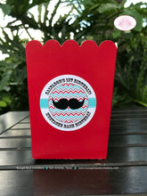 Load image into Gallery viewer, Little Man Party Popcorn Boxes Mini Food Buffet Candy Birthday Boy Mustache Tie Red Blue Black 1st Boogie Bear Invitations Salvador Theme