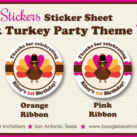 Little Pink Turkey Party Circle Stickers Sheet Girl Fall Thanksgiving Autumn Farm Barn Country Gobble Boogie Bear Invitations Riley Theme