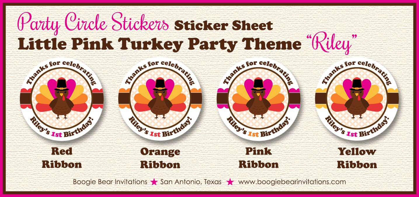 Little Pink Turkey Party Circle Stickers Sheet Girl Fall Thanksgiving Autumn Farm Barn Country Gobble Boogie Bear Invitations Riley Theme