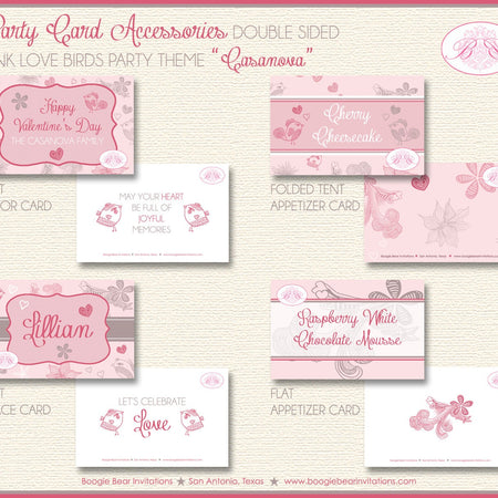 Love Birds Pink Heart Party Favor Card Tent Appetizer Place Food Label Valentines Day Woodland Forest Boogie Bear Invitations Casanova Theme