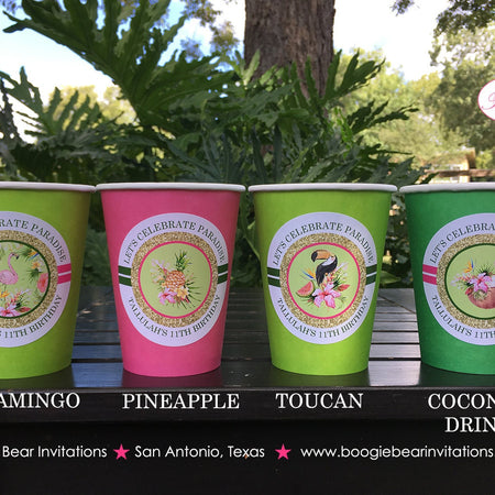Tropical Paradise Party Beverage Cups Paper Drink Birthday Flamingo Toucan Pink Pineapple Gold Girl Boogie Bear Invitations Tallulah Theme