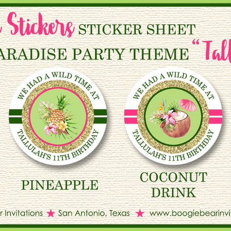 Tropical Paradise Party Stickers Circle Sheet Birthday Coconut Flamingo Toucan Pink Green Gold Girl Boogie Bear Invitations Tallulah Theme