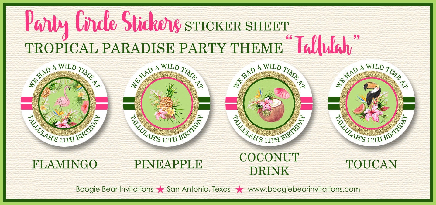 Tropical Paradise Party Stickers Circle Sheet Birthday Coconut Flamingo Toucan Pink Green Gold Girl Boogie Bear Invitations Tallulah Theme
