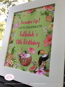 Tropical Paradise Birthday Party Sign Poster Frameable Flamingo Toucan Pink Green Gold Girl Jungle Boogie Bear Invitations Tallulah Theme