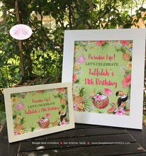 Load image into Gallery viewer, Tropical Paradise Birthday Party Sign Poster Frameable Flamingo Toucan Pink Green Gold Girl Jungle Boogie Bear Invitations Tallulah Theme