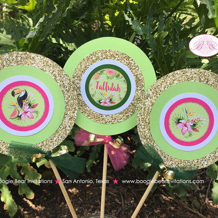 Tropical Paradise Birthday Party Centerpiece Set Girl Flamingo Toucan Pineapple Pink Gold Green Luau Boogie Bear Invitations Tallulah Theme