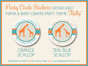 Giraffe Baby Shower Party Stickers Circle Sheet Round Orange Teal Aqua Turquoise Green Blue Boy Girl Tag Boogie Bear Invitations Kelly Theme