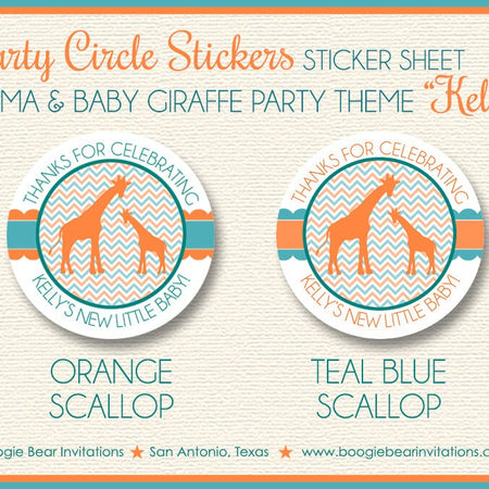 Giraffe Baby Shower Party Stickers Circle Sheet Round Orange Teal Aqua Turquoise Green Blue Boy Girl Tag Boogie Bear Invitations Kelly Theme