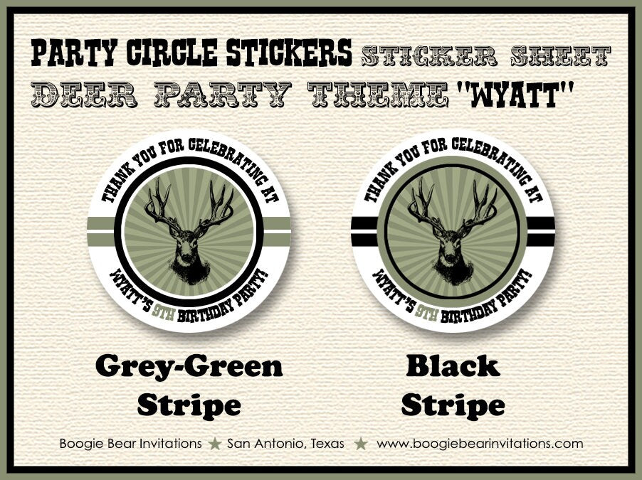 Deer Hunting Birthday Party Stickers Circle Sheet Round Buck Elk Hunting Bust Head Antlers Wild Game Boy Boogie Bear Invitations Wyatt Theme