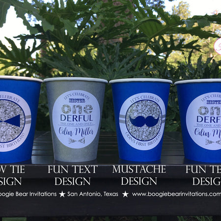 Mr Wonderful 1st Birthday Party Beverage Cups Paper Drink ONE Boy Mustache Bow Tie Onederful Blue Silver Boogie Bear Invitations Odin Theme