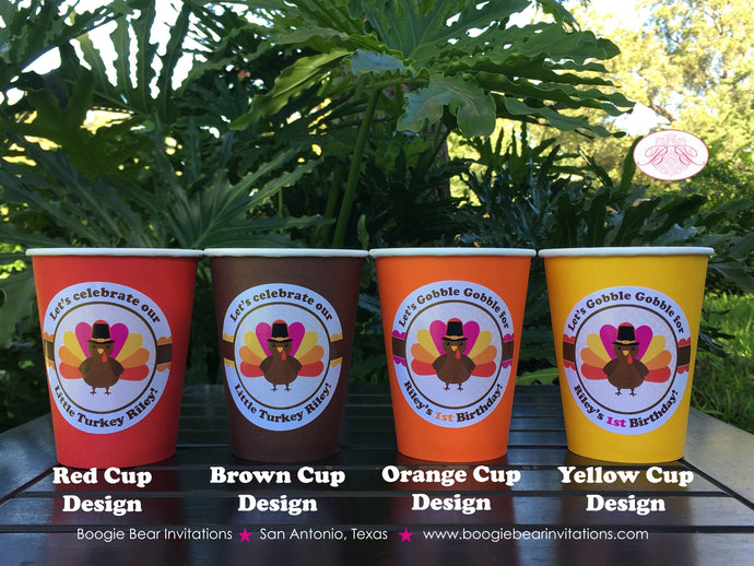 Little Pink Turkey Birthday Party Beverage Cups Paper Drink Girl Thanksgiving Gobble Farm Barn Country Boogie Bear Invitations Riley Theme