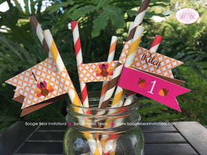 Little Pink Turkey Party Pennant Straws Birthday Paper Beverage Drink Fall Girl Farm Barn Country Gobble Boogie Bear Invitations Riley Theme