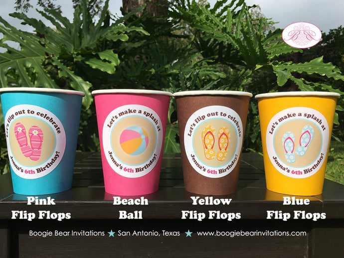 Flip Flop Pool Birthday Party Beverage Cups Paper Drink Girl Pink Swimming Swim Splash Bash Ocean Summer Boogie Bear Invitations Jenna Theme