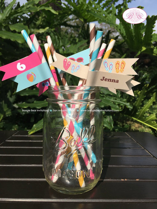 Flip Flop Pool Party Pennant Straws Birthday Paper Beverage Drink Girl Splash Swim Beach Ball Swimming Boogie Bear Invitations Jenna Theme
